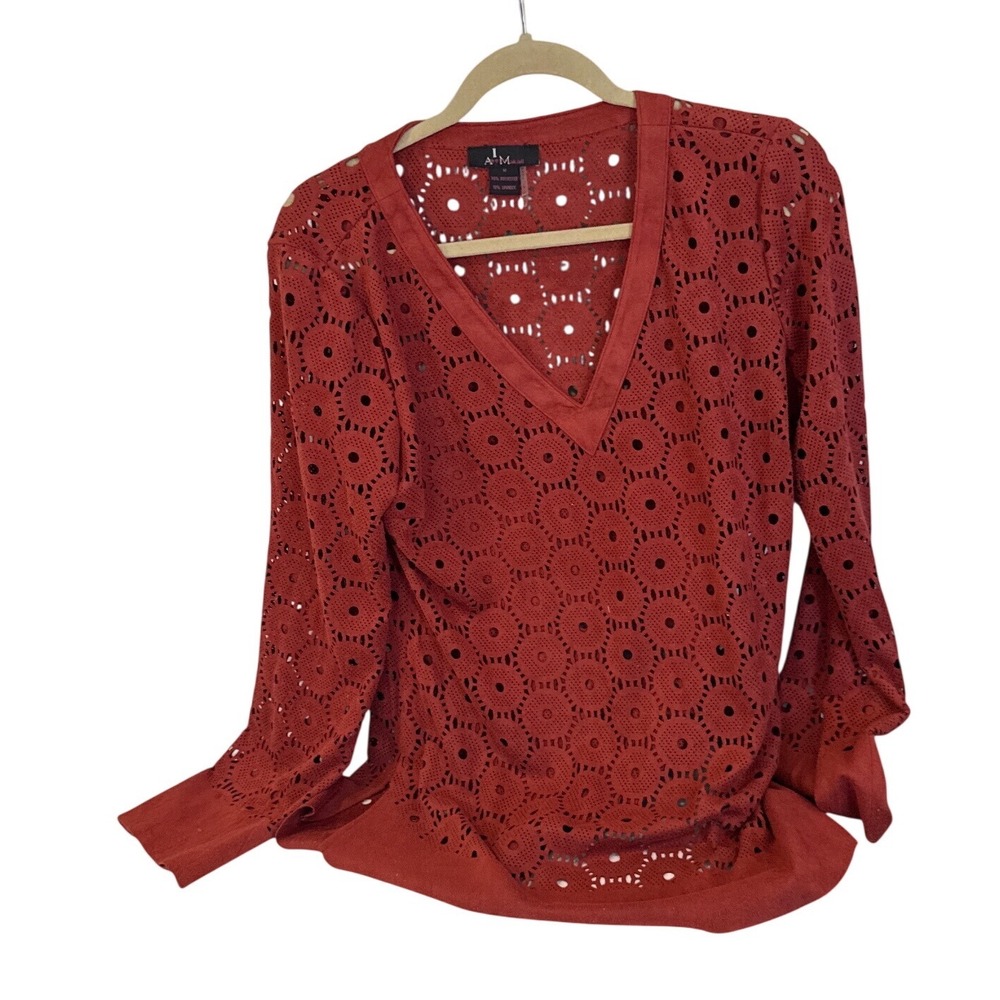 Alberto Makali Rust Orange Laser Cut Circle V-Neck Blouse Long Sleeve Boho Top M